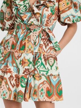 Boho Ruffle Tie-Waist Mini Dress in Green & Brown